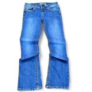 Y2k ZCO embroidered back pocket wings lowrise flare Women's Blue Jeans